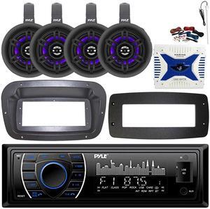 Pyle PLRMR27BTB Single-DIN Marine Bluetooth USB/AUX MP3 AM/FM Radio Stereo Receiver W/Install Kit + Adapter Plate, 4x 4" 300W Max Power Wakeboard LED Tower Speakers, 4 Channel Amplifier W/Kit, Antenna