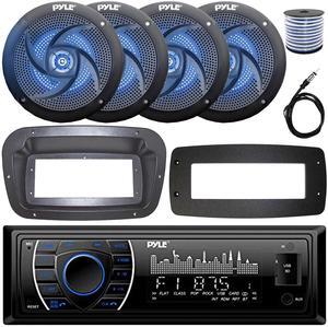 Pyle PLRMR27BTB Single-DIN Marine Bluetooth USB/AUX MP3 AM/FM Radio Stereo Receiver W/Install Kit + Adapter Plate, 4x 4" 100W Max Power 2-Way Low Profile Blue LED Speakers W/50 Feet Wire, 22" Antenna