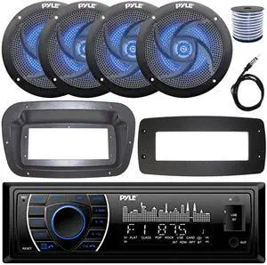 Pyle PLRMR27BTB Single-DIN Marine Bluetooth USB/AUX MP3 AM/FM Radio Stereo Receiver W/Install Kit + Adapter Plate, 4x 5.25" 180W Max Power Low-Profile Blue LED Speakers W/50 Feet Wire, Radio Antenna