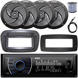 Pyle PLRMR27BTB Single-DIN Marine Bluetooth USB/AUX MP3 AM/FM Radio Stereo Receiver W/Install Kit + Adapter Plate, 4x 5.25" 180W Max Power 2-Way Low Profile Black Speakers W/50 Feet Wire, 22" Antenna