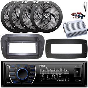 Pyle PLRMR27BTB Single-DIN Marine Bluetooth USB/AUX MP3 AM/FM Radio Stereo Receiver W/Install Kit + Adapter Plate, 4x 5.25" 180W Max Power 2-Way Black Boat Speakers, 4 Channel Amplifier W/Kit, Antenna