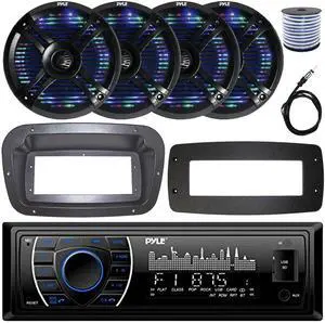 Pyle PLRMR27BTB Single-DIN Marine Bluetooth USB/AUX MP3 AM/FM Radio Stereo Receiver W/Install Kit + Adapter Plate, 4x 6.5" 250W Max Power Waterproof Boat RGB LED Black Speakers W/50 Feet Wire, Antenna