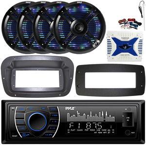 Pyle PLRMR27BTB Single-DIN Marine Bluetooth USB/AUX MP3 AM/FM Radio Stereo Receiver W/Install Kit + Adapter Plate, 4x 6.5" 250W Max Power RGB LED Speakers, 4 Channel 1000W Max Amplifier W/Kit, Antenna