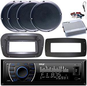 Pyle PLRMR27BTB Single-DIN Marine Bluetooth USB/AUX MP3 AM/FM Radio Stereo Receiver W/Install Kit + Adapter Plate, 4x 5.25" 20W RMS Power Polycone Black Speakers, 4 Channel Amplifier W/Kit, Antenna