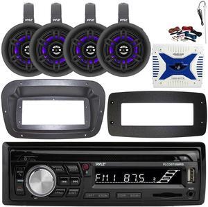 Pyle PLCDBT95 Single-DIN Bluetooth Marine AUX/USB CD Player/MP3 AM/FM In-Dash Stereo Receiver W/Install Kit + Adapter Plate, 4x 4" 300W Max Power Wakeboard LED Tower Speakers, Amplifier W/Kit, Antenna