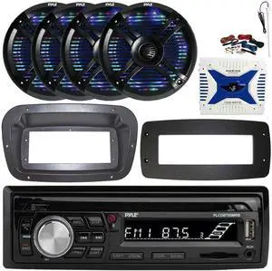 Pyle PLCDBT95 Single-DIN Bluetooth Marine AUX/USB CD Player/MP3 AM/FM In-Dash Stereo Receiver W/Install Kit + Adapter Plate, 4x 6.5" 250W Max Power RGB LED Speakers, 4 Channel Amplifier W/Kit, Antenna