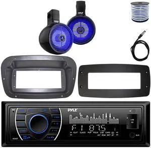 Pyle PLRMR27BTB Single-DIN Marine Bluetooth USB/AUX MP3 AM/FM Radio Stereo Receiver W/Install Kit + Adapter Plate, 2x 8" 300W Max Power 2-Way LED Blue Black Speakers W/50 Feet Wire, 22" Radio Antenna
