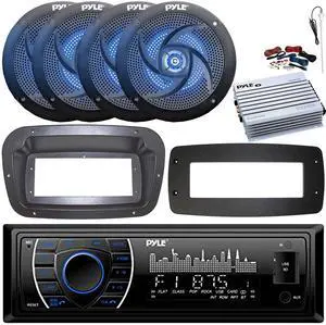 Pyle PLRMR27BTB Single-DIN Marine Bluetooth USB/AUX MP3 AM/FM Radio Stereo Receiver W/Install Kit + Adapter Plate, 4x 4" 100W Max Power 2-Way Blue LED Boat Speakers, 4 Channel Amplifier W/Kit, Antenna