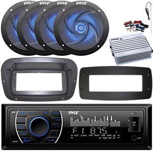Pyle PLRMR27BTB Single-DIN Marine Bluetooth USB/AUX MP3 AM/FM Radio Stereo Receiver W/Install Kit + Adapter Plate, 4x 5.25" 180W Max Power 2-Way Blue LED Speakers, 4 Channel Amplifier W/Kit, Antenna