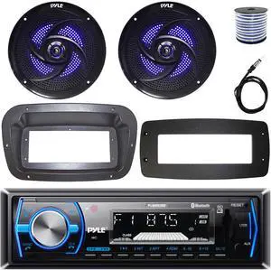 Pyle PLMRB29B Single-DIN Marine Bluetooth USB/AUX MP3 AM/FM In-Dash Stereo Black Receiver W/Install Kit + Adapter Plate, 2x 8'' 320W Max Power Low Profile 2-Way Blue LED Speakers W/Wire, 22" Antenna