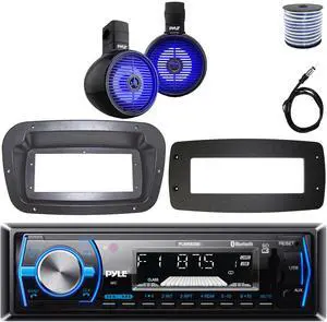 Pyle PLMRB29B Single-DIN Marine Bluetooth USB/AUX MP3 AM/FM In-Dash Stereo Black Receiver W/Install Kit + Adapter Plate, 2x 8" 300W Max Power 2-Way LED Blue Black Speakers W/50 Feet Wire, 22" Antenna