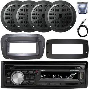 Pyle PLCDBT95 Single-DIN Bluetooth Marine AUX/USB CD Player/MP3 AM/FM In-Dash Stereo Receiver W/Install Kit + Adapter Plate, 4x 5.25'' 100W Max Power 2-Way Full Range Boat Speakers W/Wire, Antenna