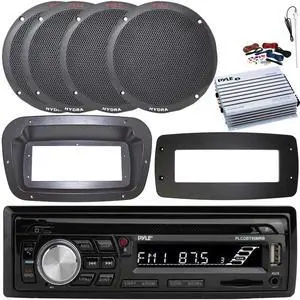 Pyle PLCDBT95 Single-DIN Bluetooth Marine AUX/USB CD Player/MP3 AM/FM In-Dash Stereo Receiver W/Install Kit + Adapter Plate, 4x 6.5'' 400W Max Full Range Speakers, 4 Channel Amplifier W/Kit, Antenna