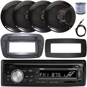 Pyle PLCDBT95 Single-DIN Bluetooth Marine AUX/USB CD Player/MP3 AM/FM In-Dash Stereo Receiver W/Install Kit + Adapter Plate, 4x 6.5" 150W Max Power Full Range Dual Cone Boat Speakers W/Wire, Antenna