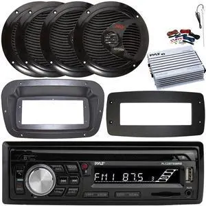 Pyle PLCDBT95 Single-DIN Bluetooth Marine AUX/USB CD Player/MP3 AM/FM In-Dash Stereo Receiver W/Install Kit + Adapter Plate, 4x 6.5" 150W Max Dual Cone Speakers, 4 Channel Amplifier W/Kit, Antenna