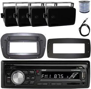 Pyle PLCDBT95 Single-DIN Bluetooth Marine AUX/USB CD Player/MP3 AM/FM In-Dash Stereo Receiver W/Install Kit + Adapter Plate, 4x 3.5'' 200W Max Power 3-Way Indoor/Outdoor Speakers W/50FT. Wire, Antenna