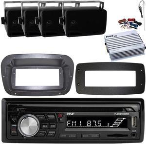 Pyle PLCDBT95 Single-DIN Bluetooth Marine AUX/USB CD Player/MP3 AM/FM In-Dash Stereo Receiver W/Install Kit + Adapter Plate, 4x 3.5'' 200W Max 3-Way Indoor/Outdoor Speakers, Amplifier W/Kit, Antenna