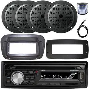 Pyle PLCDBT95 Single-DIN Bluetooth Marine AUX/USB CD Player/MP3 AM/FM In-Dash Stereo Receiver W/Install Kit + Adapter Plate, 4x 6.5'' 120W Max Power Dual Cone Boat Audio Black Speakers W/Wire, Antenna