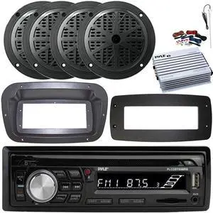 Pyle PLCDBT95 Single-DIN Bluetooth Marine AUX/USB CD Player/MP3 AM/FM In-Dash Stereo Receiver W/Install Kit + Adapter Plate, 4x 6.5'' 120W Max Dual Cone Speakers, 4 Channel Amplifier W/Kit, Antenna
