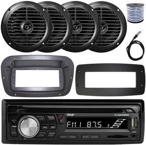 Pyle PLCDBT95 Single-DIN Bluetooth Marine AUX/USB CD Player/MP3 AM/FM In-Dash Stereo Receiver W/Install Kit + Adapter Plate, 4x 6.5'' 120W Max Power Dual Cone Black Speakers W/50 Feet Wire, Antenna