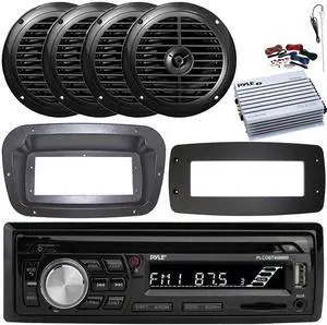 Pyle PLCDBT95 Single-DIN Bluetooth Marine AUX/USB CD Player/MP3 AM/FM In-Dash Stereo Receiver W/Install Kit + Adapter Plate, 4x 6.5'' 120W Peak Dual Cone Speakers, 4 Channel Amplifier W/Kit, Antenna