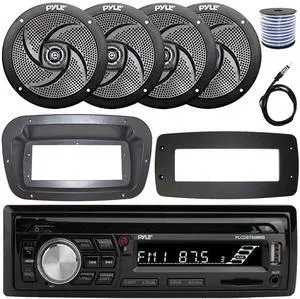 Pyle PLCDBT95 Single-DIN Bluetooth Marine AUX/USB CD Player/MP3 AM/FM In-Dash Stereo Receiver W/Install Kit + Adapter Plate, 4x 6'' 240W Max Power Low Profile 2-Way Boat Black Speakers W/Wire, Antenna