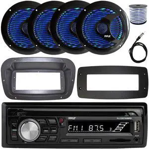 Pyle PLCDBT95 Single-DIN Bluetooth Marine AUX/USB CD Player/MP3 AM/FM In-Dash Stereo Receiver W/Install Kit + Adapter Plate, 4x 6.5'' 150W Max Dual Cone RGB LED Boat Black Speakers W/Wire, Antenna