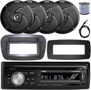 Pyle PLCDBT95 Single-DIN Bluetooth Marine AUX/USB CD Player/MP3 AM/FM In-Dash Stereo Receiver W/Install Kit + Adapter Plate, 4x 8'' 320W Max Power Low Profile 2-Way Boat Black Speakers W/Wire, Antenna