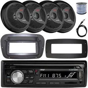 Pyle PLCDBT95 Single-DIN Bluetooth Marine AUX/USB CD Player/MP3 AM/FM In-Dash Stereo Receiver W/Install Kit + Adapter Plate, 4x 8'' 180W Max Power Full Range Boat Black Speakers W/50FT. Wire, Antenna