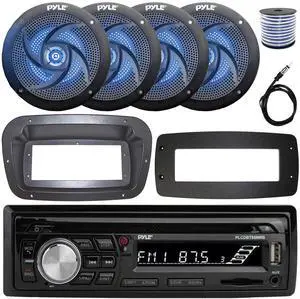 Pyle PLCDBT95 Single-DIN Bluetooth Marine AUX/USB CD Player/MP3 AM/FM In-Dash Stereo Receiver W/Install Kit + Adapter Plate, 4x 6'' 240W Max Power Low Profile 2-Way Blue LED Speakers W/Wire, Antenna