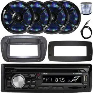 Pyle PLCDBT95 Single-DIN Bluetooth Marine AUX/USB CD Player/MP3 AM/FM In-Dash Stereo Receiver W/Install Kit + Adapter Plate, 4x 6.5" 250W Max Power Waterproof Boat RGB LED Speakers W/Wire, Antenna