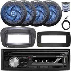 Pyle PLCDBT95 Single-DIN Bluetooth Marine AUX/USB CD Player/MP3 AM/FM In-Dash Stereo Receiver W/Install Kit + Adapter Plate, 4x 4" 100W Max Power 2-Way Low Profile Blue LED Speakers W/Wire, Antenna