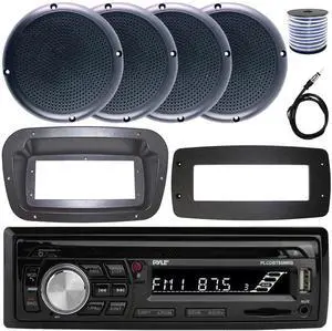 Pyle PLCDBT95 Single-DIN Bluetooth Marine AUX/USB CD Player/MP3 AM/FM In-Dash Stereo Receiver W/Install Kit + Adapter Plate, 4x 5.25" 20W RMS Power Polycone Black Boat Speakers W/50 Feet Wire, Antenna