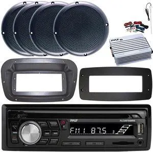 Pyle PLCDBT95 Single-DIN Bluetooth Marine AUX/USB CD Player/MP3 AM/FM In-Dash Stereo Receiver W/Install Kit + Adapter Plate, 4x 5.25" 20W RMS Power Black Speakers, 4 Channel Amplifier W/Kit, Antenna