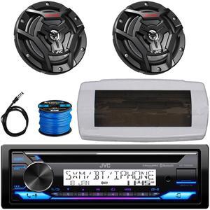 JVC KD-T92MBS Single-DIN Marine Bluetooth USB/AUX CD Player AM/FM Stereo Receiver W/White Cover, 2x 6.5" 150W Max Power 2-Way Coaxial Black Boat Speakers W/50 Feet 16G Speaker Wire, 22" Radio Antenna