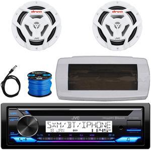 JVC KD-T92MBS Single-DIN Marine Bluetooth USB/AUX CD Player AM/FM Stereo Receiver W/White Cover, 2x 6.5" 150W Max Power 2-Way Coaxial White Boat Speakers, 50 Feet 16G Speaker Wire, 22" Radio Antenna