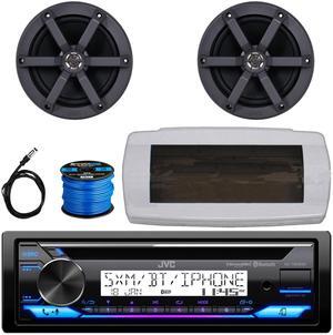 JVC KD-T92MBS Single-DIN Marine Bluetooth USB/AUX CD Player AM/FM Stereo Receiver W/White Cover, 2x 6.5" 100 Watts Max Power 2-Way Boat Speakers, 50 Feet 16 Gauge Speaker Wire, 22" Radio Antenna