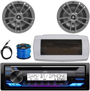 JVC KD-T92MBS Single-DIN Marine Bluetooth USB/AUX CD Player AM/FM Stereo Receiver W/White Cover, 2x 6.5" 180W Max Power 2-Way Multi-Element Boat Gray Speakers, 50 Feet 16G Speaker Wire, 22" Antenna