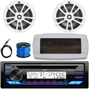 JVC KD-T92MBS Single-DIN Marine Bluetooth USB/AUX CD Player AM/FM Stereo Receiver W/White Cover, 2x 6.5" 180W Max Power 2-Way Multi-Element Boat White Speakers, 50 Feet 16G Speaker Wire, 22" Antenna