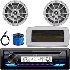 JVC KD-T92MBS Single-DIN Marine Bluetooth USB/AUX CD Player AM/FM Stereo Receiver W/White Cover, 2x 8" 375W Max Power High-Performance Boat Gray Speakers, 50 Feet 16 Gauge Speaker Wire, 22" Antenna