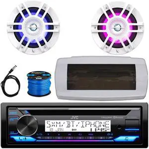 JVC KD-T92MBS Single-DIN Marine Bluetooth USB/AUX CD Player AM/FM Stereo Receiver W/White Cover, 2x 6.5" 300W Max 2-Way Coaxial White Boat RGB LED Speakers, 50 Feet 16 Gauge Speaker Wire, 22" Antenna