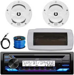 JVC KD-T92MBS Single-DIN Marine Bluetooth USB/AUX CD Player AM/FM Stereo Receiver W/White Cover, 2x 6.5" 225W Max Power 2-Way Multi-Element Boat Audio White Speakers W/50 Feet 16G Wire, 22" Antenna