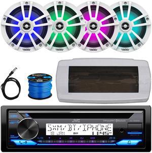 JVC KD-T92MBS Single-DIN Marine Bluetooth USB/AUX CD Player AM/FM Stereo Receiver W/White Cover, 4x 6.5" 225W Max Power Waterproof Coaxial Boat White Speakers, 50 Feet 16G Speaker Wire, 22" Antenna