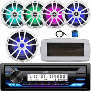 JVC KD-T92MBS Single-DIN Marine Bluetooth USB/AUX CD Player AM/FM Stereo Receiver W/White Cover, 4x 6.5" 225W Max Power Coaxial White Boat Speakers W/Wire, 10" Multi-Element RGB LED Subwoofer, Antenna
