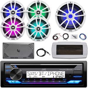 JVC KD-T92MBS Single-DIN Marine Bluetooth USB/AUX CD Player AM/FM Stereo Receiver W/White Cover, 4x 6.5" 225W Max Power Boat Speakers, 10" Multi-Element Subwoofer, 4-Channel Amplifier W/Kit, Antenna