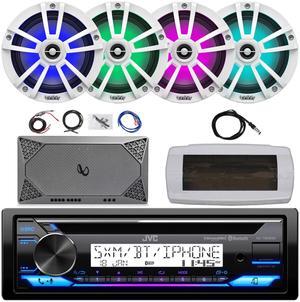 JVC KD-T92MBS Single-DIN Marine Bluetooth USB/AUX CD Player AM/FM Stereo Receiver W/White Cover, 4x 6.5" 225W Max Power Waterproof Coaxial Boat White Speakers, 4-Channel Amplifier W/Kit, 22" Antenna