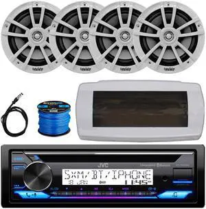 JVC KD-T92MBS Single-DIN Marine Bluetooth USB/AUX CD Player AM/FM Stereo Receiver W/White Cover, 4x 6.5" 225W Max Power High-Performance 2-Way Boat Speakers, 50 Feet 16 Gauge Speaker Wire, 22" Antenna