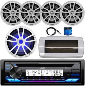 JVC KD-T92MBS Single-DIN Marine Bluetooth USB/AUX CD Player AM/FM Stereo Receiver W/White Cover, 4x 6.5" 225W Max Power 2-Way Boat Speakers W/50 Feet Wire, 10" Multi-Element RGB LED Subwoofer, Antenna