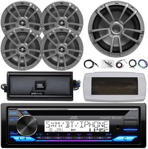 JVC KD-T92MBS Single-DIN Marine Bluetooth USB/AUX CD Player AM/FM Stereo Receiver W/White Cover, 4x 6.5" 180W Max Power 2-Way Speakers, 10" 600W Max Power Subwoofer, 4-Channel Amplifier W/Kit, Antenna