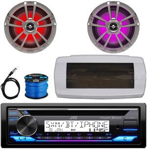 JVC KD-T92MBS Single-DIN Marine Bluetooth USB/AUX CD Player AM/FM Stereo Receiver W/White Cover, 2x 6.5" 225W Max Power Waterproof Coaxial RGB LED Boat Titanium Speakers W/50 Feet 16G Wire, Antenna